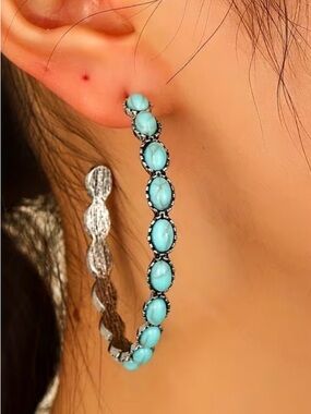 Western Earrings Turquoise Stone Hoop Earrings - Women Jewelry